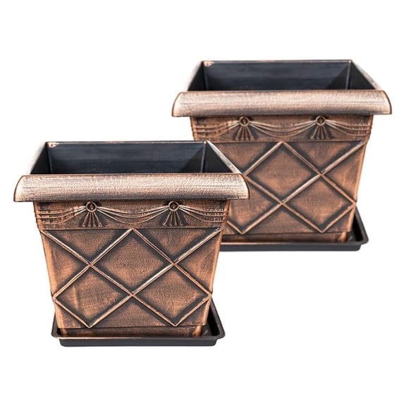 Rustic Square Plastic Planter Pot with Matching Bottom Tray, Copper, 12 Inches, 2 Pack