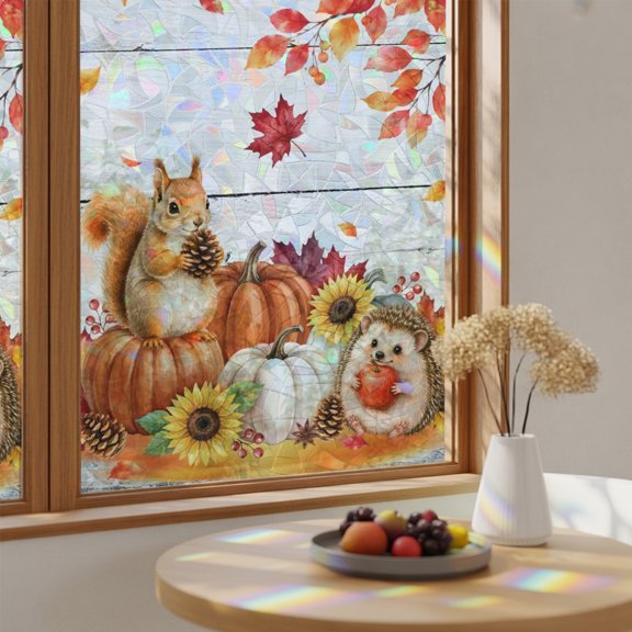 Rustic Squirrel Hedgehog Wood Plank Window Privacy Film,Heat Control Sun Blocking Static Cling Rainbow Film,Thanksgiving Pumpkin Leaf Non-Adhesive Glass Sticker Door Window Tint,17.7" x 39.3"