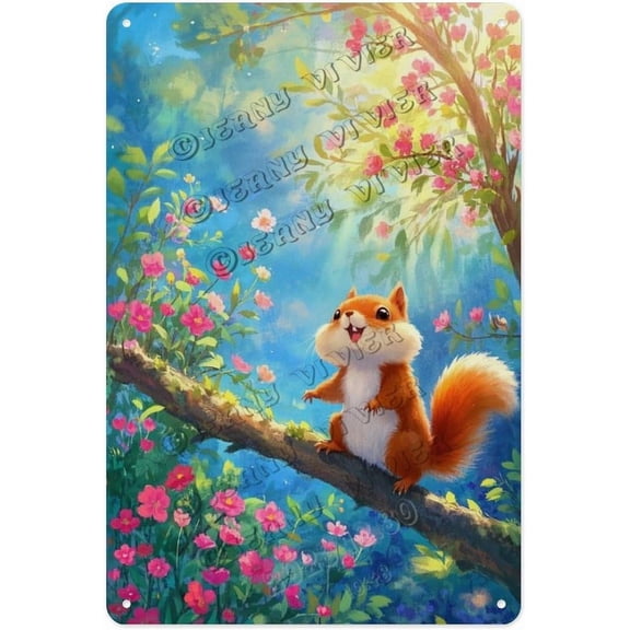 Rustic Squirrel Metal Tin Sign, Woodland Animal Wall Art Decor, 8 x 12 Inches for Home Office Garden or Patio