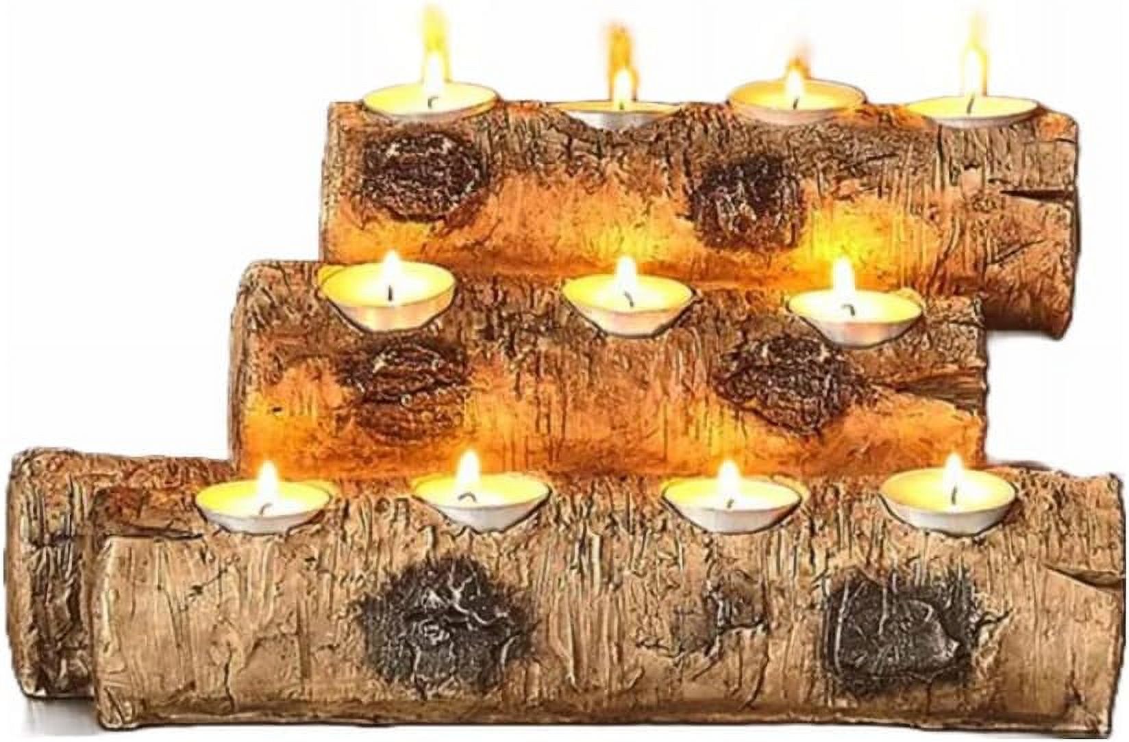 Rustic Stacked Faux Birch Wood Log With 11 Tea Light Candle Holder