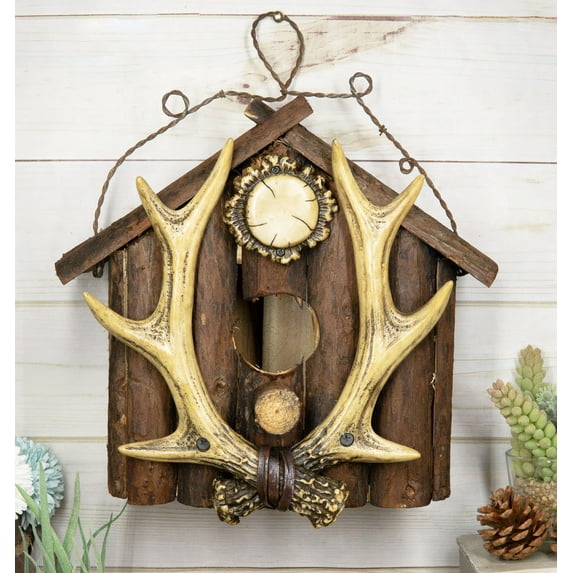 Rustic Stag Antlers On Cabin Log House Birdhouse Bird Feeder With Wire Hanger