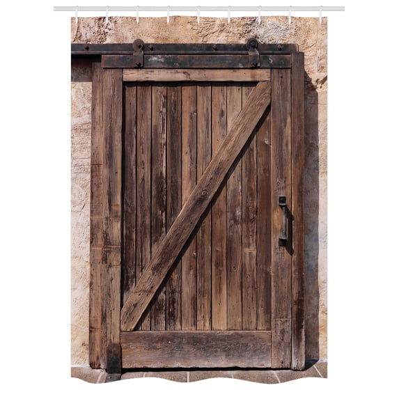 Rustic Stall Shower Curtain, Aged Sliding Door with Rustic Texture Authentic Vintage Style Architectural Rural Print, Fabric Bathroom Set with Hooks, 54W X 78L Inches, Brown, by Ambesonne