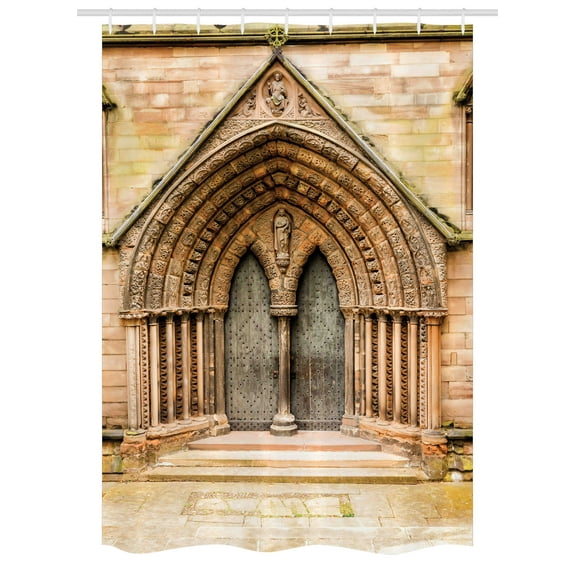 Rustic Stall Shower Curtain, Medieval Middle Age Cathedral Door Exit with Gothic Ornate Features Great Britain Theme, Fabric Bathroom Set with Hooks, 54W X 78L Inches, Cream, by Ambesonne