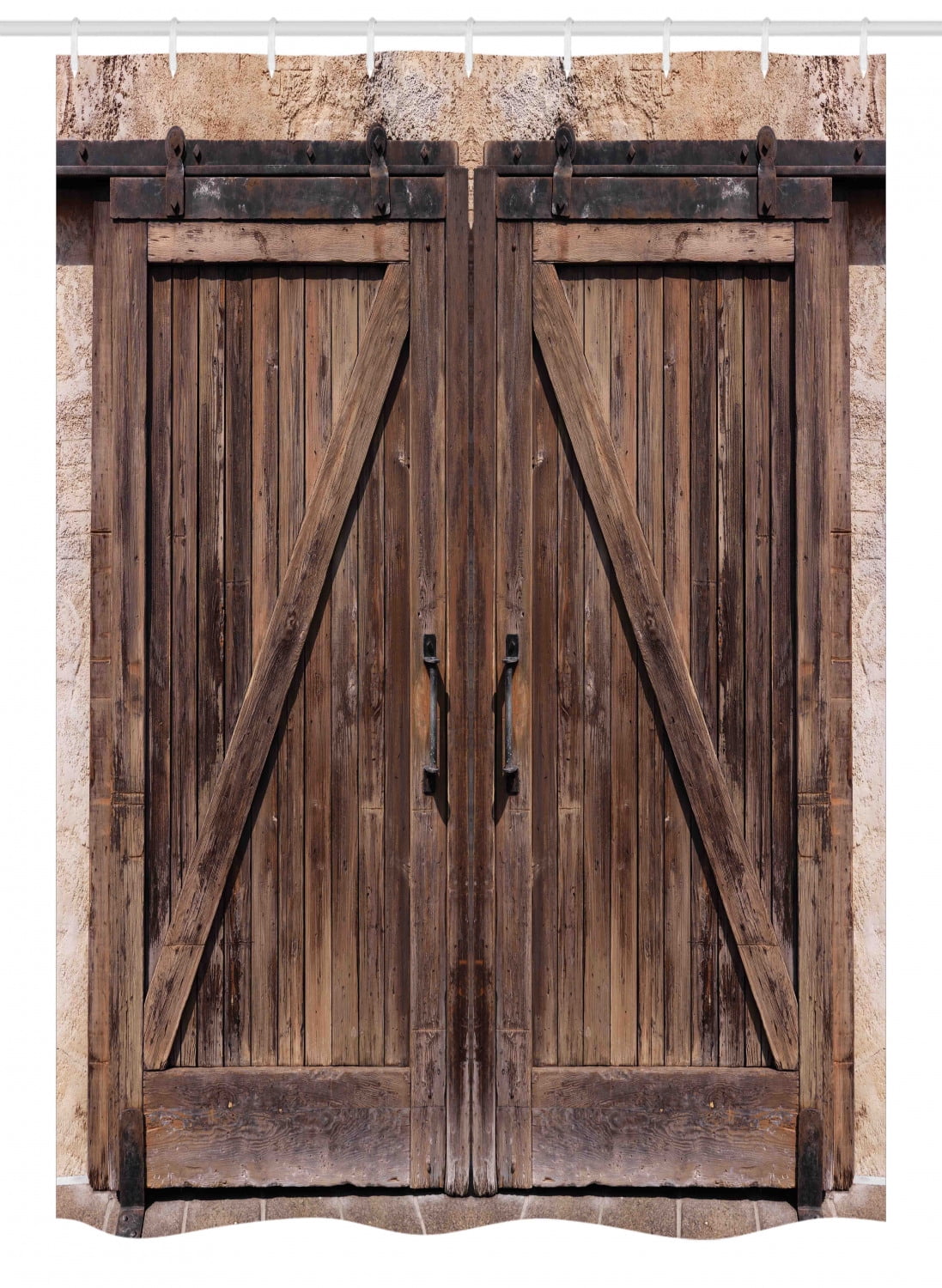 Rustic Stall Shower Curtain, Wooden Barn Door in Stone Farmhouse Image