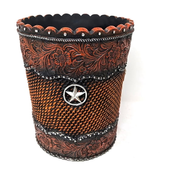 Rustic Star Accent Resin Storage Bin or Trash Can | Western Home Decor | Tooled Leather Look | Perfect for Bedrooms, Bathrooms, Living Rooms | Cowboy Ranch Style | Versatile Indoor Use