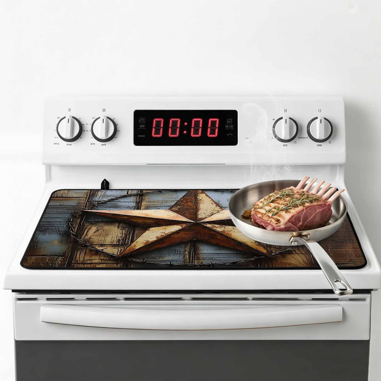 Rustic Star Brown Stove Top Cover for Electric Stove, Heat-proof & Non Slip Glass Top Stove Cover Protector, Vintage Farmhouse Wooden Grain Art Kitchen Flat Cooktop Rubber Mat 24x21 Inches