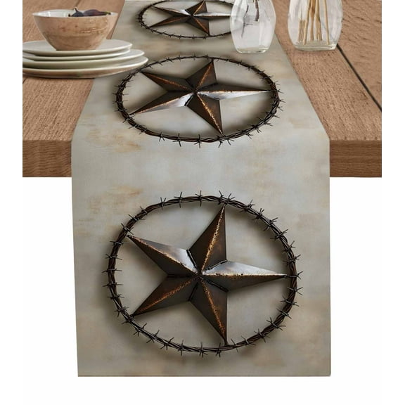 Rustic Star Brown Table Runner 48 Inches, Retro Country Farmhouse Aesthetic Bed Runner Dresser Scarves Tabletop for Indoor Outdoor Parties/Ceremony/Banquet, 13" x 48"