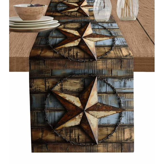 Rustic Star Brown Table Runner 48 Inches, Vintage Farmhouse Wooden Grain Art Bed Runner Dresser Scarves Tabletop for Indoor Outdoor Parties/Ceremony/Banquet, 13" x 48"