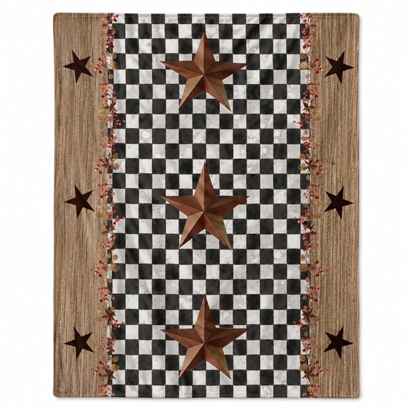 Rustic Star Checkerboard Fleece Throw Blanket, Soft 280 Gsm Polyester, Modern Decor for Couch, Sofa & Bed