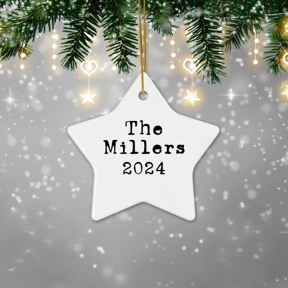 Rustic Star Family Name Christmas Ornament, Cute Couples Gift Ceramic Holiday Ornament, Personalized Ornament