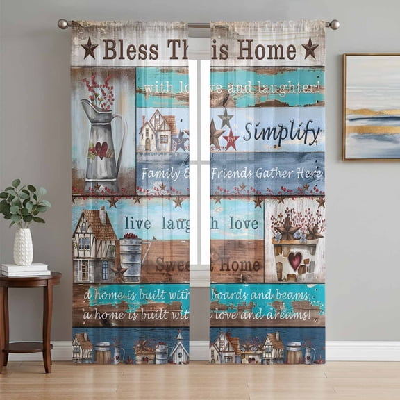 Rustic Star Farm Semi Sheer Window Curtains 108 Inches Long, American Country Berry Wood Grain Rod Pocket Voile Silky Chiffon Curtain Light Filtering Drapes for Living Room, 52"x108", 2 Panels