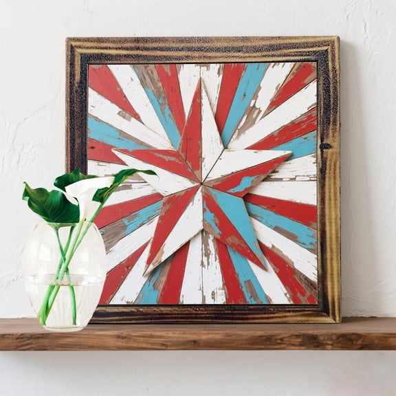 Rustic Star Frame 2D Flat Wooden Star Wall Art Frame, 8x8 Inch - Red, White & Blue Geometric Design with Golden Accents | Perfect for Living Room, Bedroom, Office, or Entryway Decor - Versatile Home D