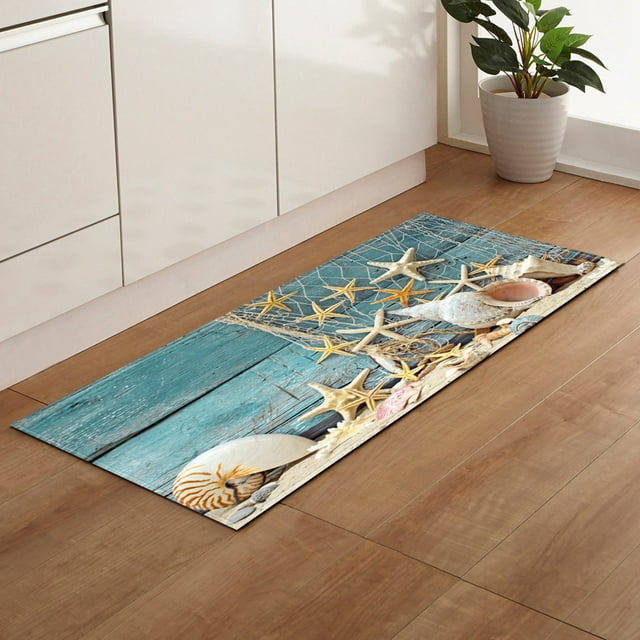 Rustic Starfish Seashell Kitchen Rugs Non Skid Washable, Turquoise