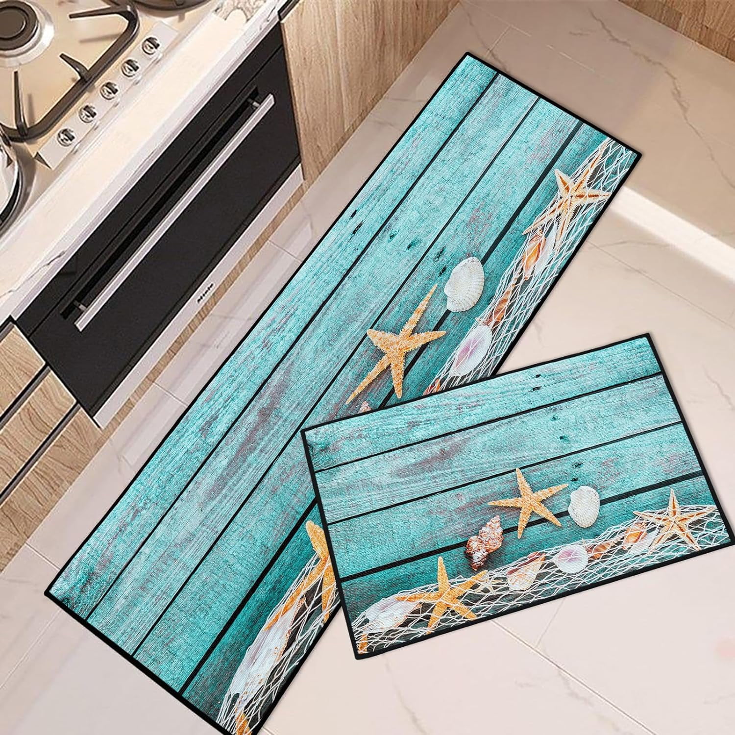 Rustic Starfish Shells Kitchen Rugs and Mats Non Skid Washable Set of 2 ...