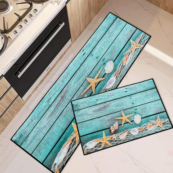 Rustic Starfish Shells Kitchen Rugs and Mats Non Skid Washable Set of 2, Turquoise Wooden Planks Kitchen Mats for Floor, Tropical Beach Kitchen Runner Rug, Summer Kitchen Decor