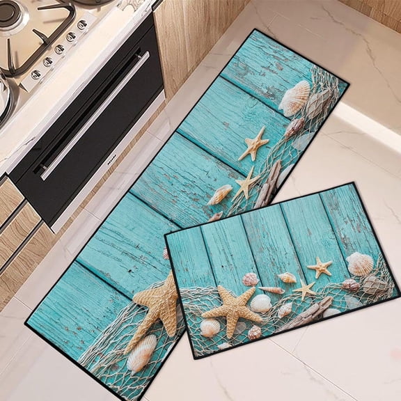 Rustic Starfish Shells Kitchen Rugs and Mats Non Skid Washable Set of 2, Turquoise Wooden Planks Mats for Floor, Tropical Beach Runner Rug, Summer Kitchen Decor