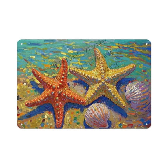 Rustic Starfish and Shells Tin Sign 8x12 Inch Coastal Metal Wall Decor Gift for Beach House Owners, Ocean Enthusiasts, and Sea Lovers