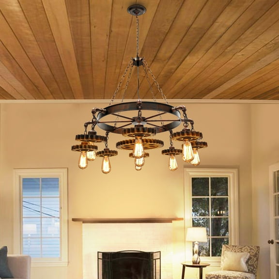 Rustic Steampunk Ceiling Light, 9 Gear Chain Chandelier Pendant Lamp 110-120V