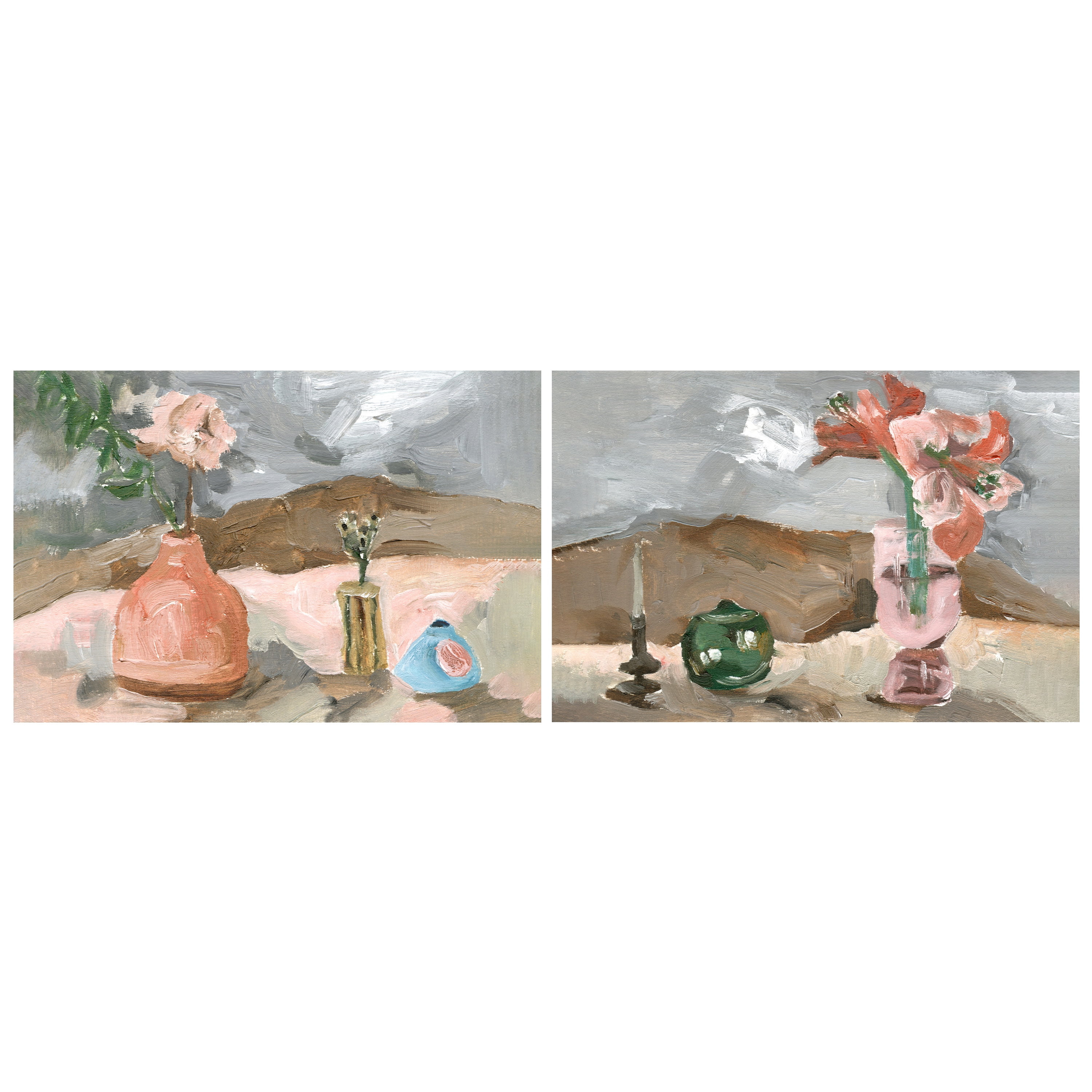 Rustic Still Life Pink Vase and Green Teapot Glass Wall Art Set