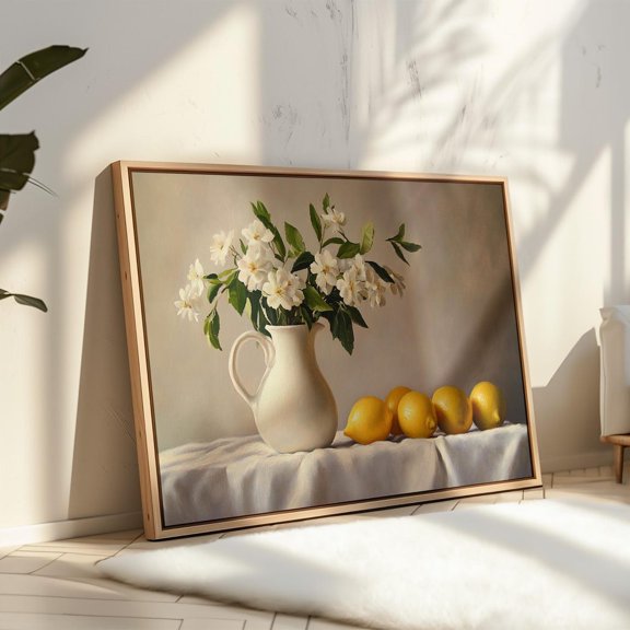 Rustic Still Life Wall Art Print - White Floral Vase And Lemons Vintage Kitchen Decor Classic Country Farmhouse Home Accent Wall Art Modern Wall Decor Art