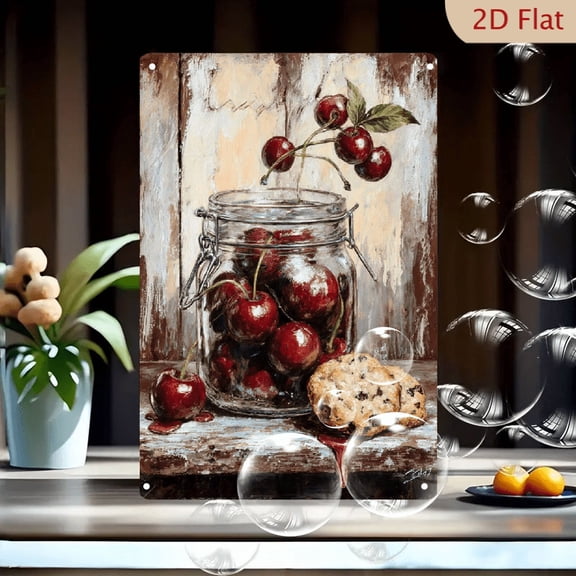 Rustic Still Life with Cherries and Cookies, 8x12 Inches Metal Wall Art Print on Weathered Wood Background, Vintage Kitchen Decor
