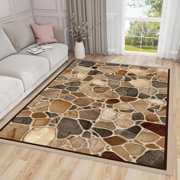 Rustic Stone Area Rugs, Brown Pebble Cobblestone Carpet, Washable Non Slip Low Pile Soft Rug for Living Room Bedroom Decor Mat 4x6ft