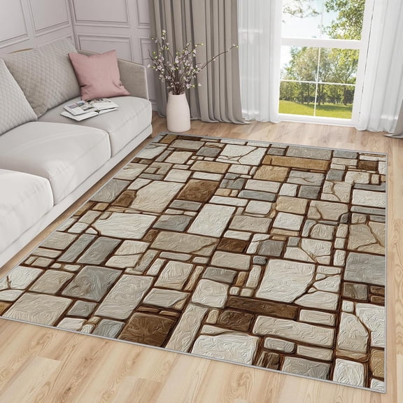 Rustic Stone Area Rugs, Mosaic Pebble Pattern Carpet, Washable Non Slip Low Pile Soft Rug for Living Room Bedroom Decor Mat 3x4ft