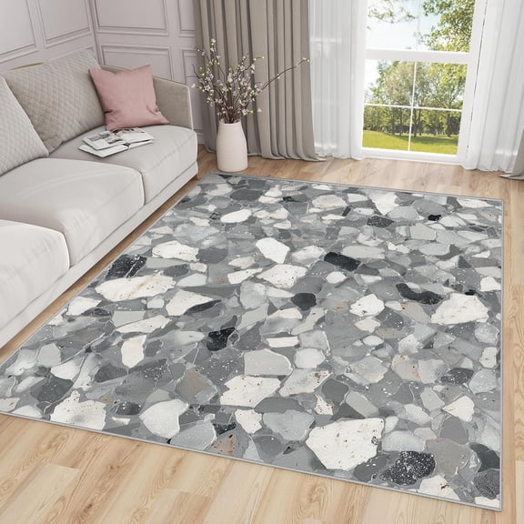 Rustic Stone Area Rugs, Pebble Farmhouse Pattern Carpet, Washable Non Slip Low Pile Soft Rug for Living Room Bedroom Decor Mat 2x3ft