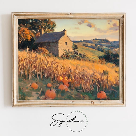 Rustic Stone Barn with Pumpkins, Earthy Fall Colors, Moody Autumn Wall Art, Cottagecore Decor for Fall Farmhouse Decor 1504 Unframed Paper Print