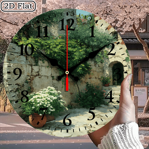 Rustic Stone Courtyard Printed Wall Clock, Mediterranean Garden Scene Round Decorative Clock, 10x10 Inch, 1pc, Battery Not Included