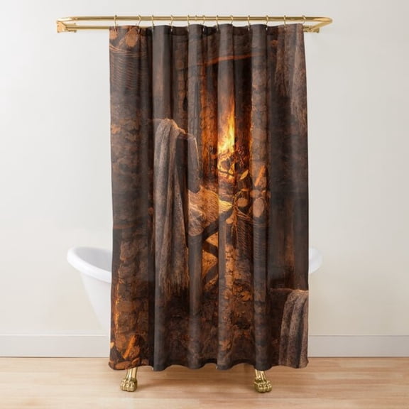 Rustic Stone Fireplace and Burning Logs Shower Curtain, Brown and Orange, 100% Polyester, Cabin Bathroom Decor