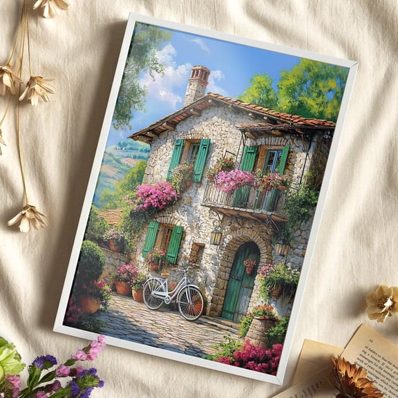 Rustic Stone House In Tuscany Mountains Country Mountain Cabin Art Wall Decor, Unframed Poster