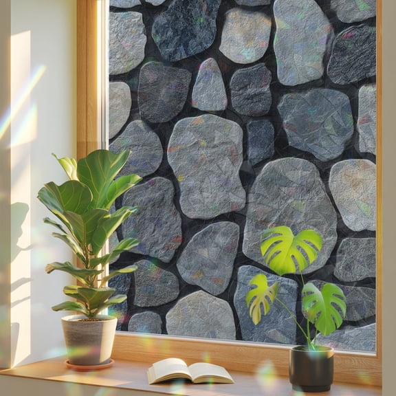 Rustic Stone Wall Window Privacy Film Rainbow Static Cling Stain Glass Window Film for Glass Door, Decorative UV Blocking Sunroof Decal Sticker for Car 29.5"x118" Farmhouse Natural Country Art