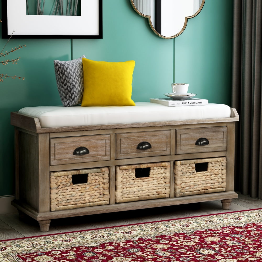 Rustic Storage Bench Wooden Shoe Storage Bench with 3 Drawers and 3 Rattan Baskets Rectangle Entryway Shoe Rack with Removable Cushion for Hallway Living Room Bedroom White Washed Walmart Business Sup...