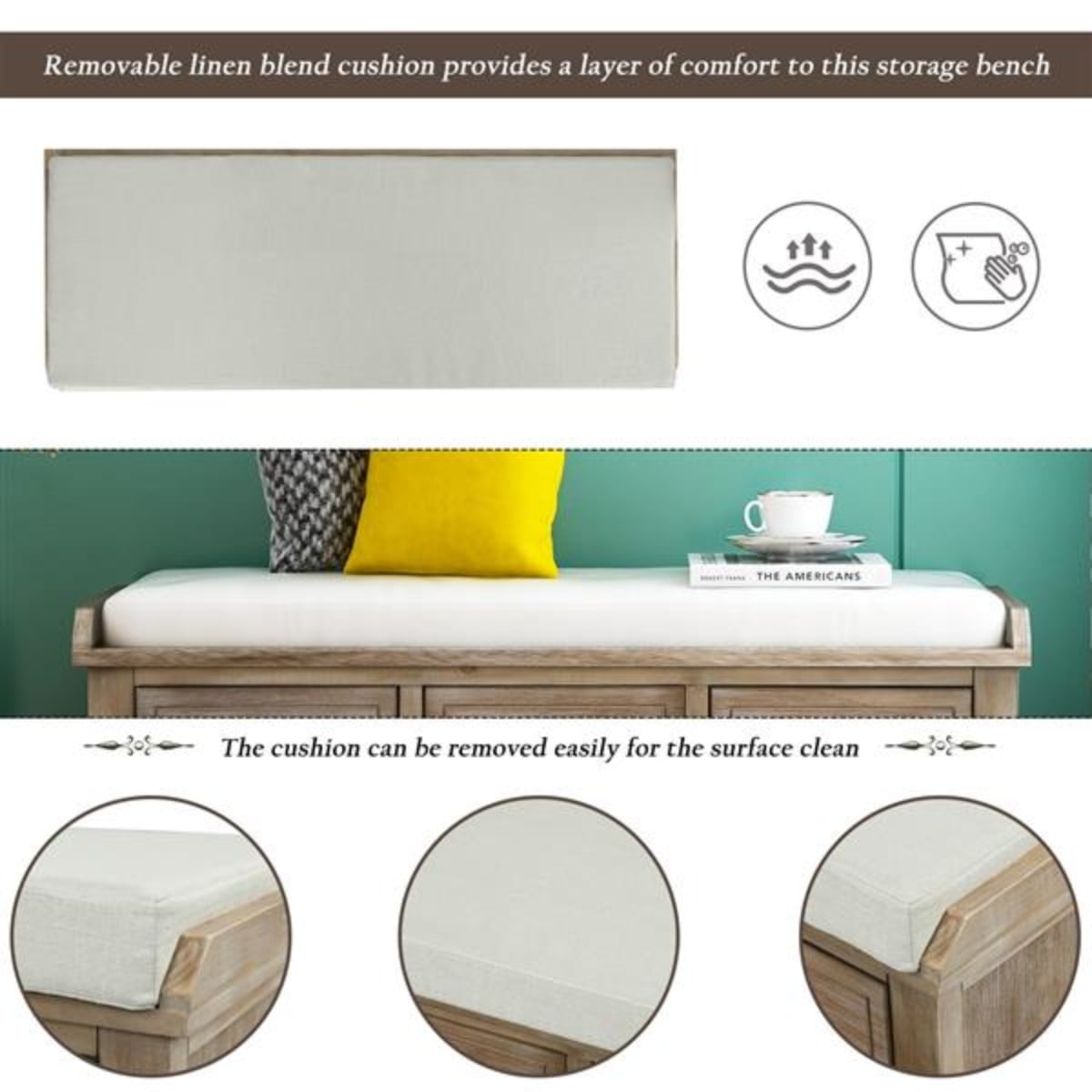 GDFStudio Rustic Storage Bench With 3 Drawers & 3 Rattan Baskets – Solid Acacia Wood, Entryway Shoe Bench, Seating Ottoman (White)