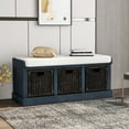 thumbnail image 1 of Rustic Storage Bench with 3 Removable Classic Rattan Basket , Entryway Bench with Removable Cushion (Antique Navy), 1 of 9