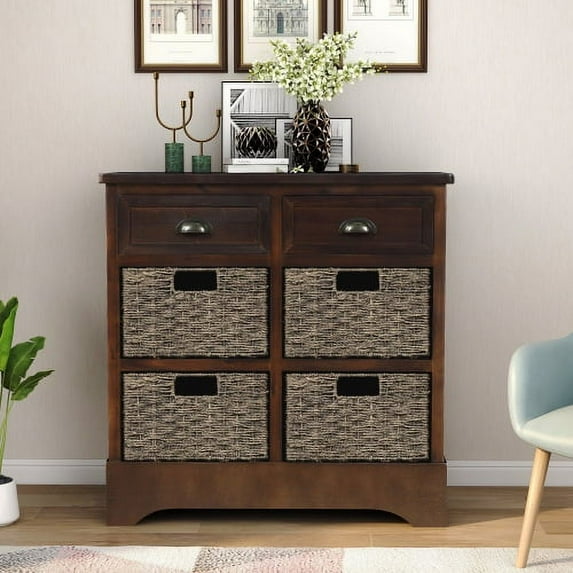 Rustic Storage Cabinet with 2 Drawers and 4 Classic Rattan Basket,Storage Chest Wood Console Table/Entryway Cabinet/Side Table for Living Room Kitchen Entryway