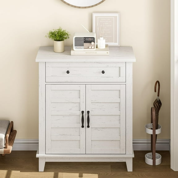 Rustic Storage Cabinet 31.5" Adjustable 3-Tier Farmhouse Entryway Organizer with Slatted Doors, Waterproof Design for Kitchen, Dining Room, Office