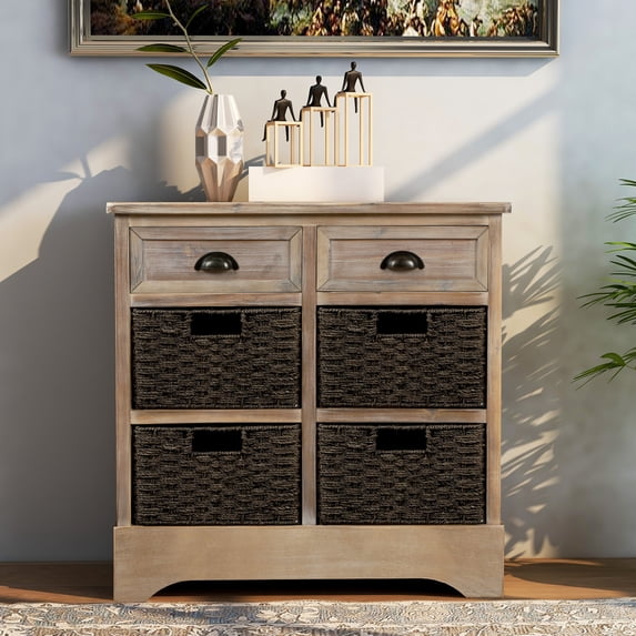 Rustic Storage Cabinet with 2 Drawers and 4 Rattan Baskets, Wood Accent Chest Hallway Side Table for Dining Room/Living Room, White Washed