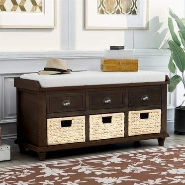 Rustic Storage Entryway Bench with 3 Drawers and Rattan Baskets, Solid Wood Shoe Storage Bench with Removable Cushion for Living Room-Espresso
