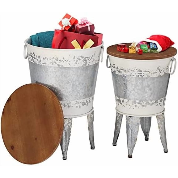 Rustic Storage Farmhouse Accent Side Table, Antique Galvanized Metal End Coffee Cocktail Table Box Bin with Round Wooden Lid Set of 2 (Distressed White)$$Furniture