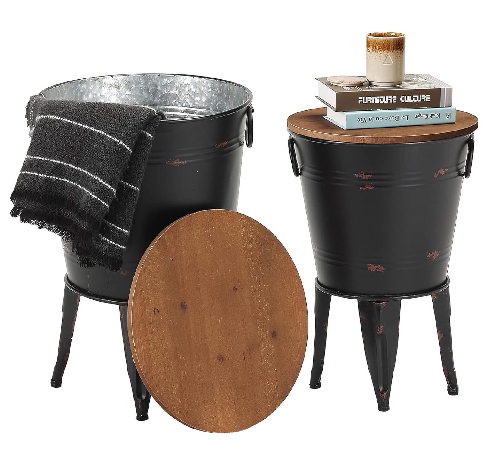 Rustic Storage Farmhouse Accent Side Table, Antique Galvanized Metal