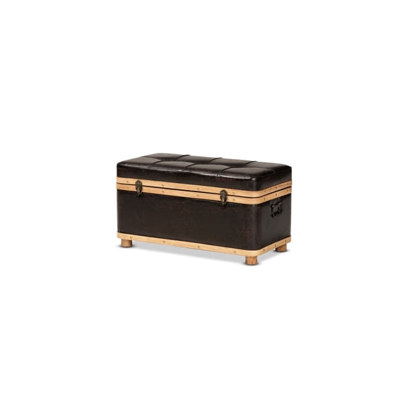 Rustic Storage Ottoman - Faux Leather Upholstered, Dark Brown & Oak Wood Finish