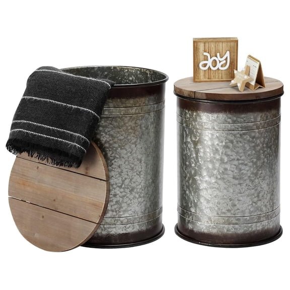 Rustic Storage Ottoman Seat Stool, Farmhouse Accent Side Table, Antique Galvanized Metal End Table Box Bin with Round Wooden Lid Set of 2 (Stand Galvanized)