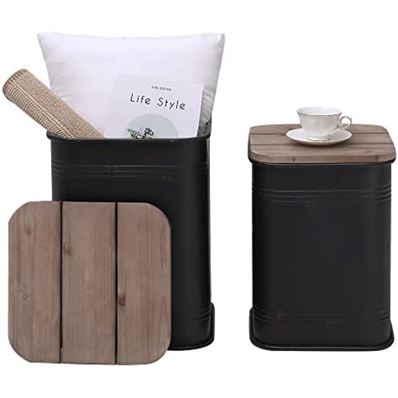 Rustic Storage Ottoman Seat Stool, Farmhouse Accent Side Table, Antique Galvanized Metal End Table Box Bin with Square Wooden Lid Set of 2 Square&Black$$Furniture