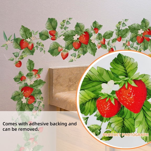 Rustic Strawberry Flowers Rattan Wall Stickers,Self-Adhesive Decals for Living Room Kitchen Bedroom,Removable Waterproof for Background Decoration,Farmhouse Country Style