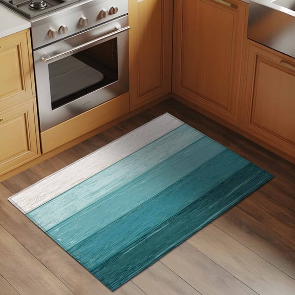 Rustic Stripes 2x3 Rug for Entryway Front Door Kitchen Sink Area, Aqua Gradient Farmhouse Wood Grain Low Pile Washable Non Slip Rectangle Area Rug