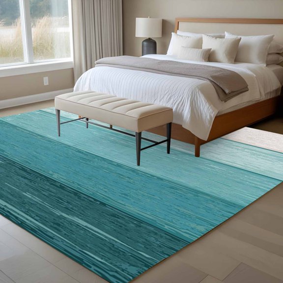 Rustic Stripes 6x9 Rug for Dining Room Table and Chair Setup, Aqua Gradient Farmhouse Wood Grain Low Pile Washable Non Slip Rectangle Area Rug