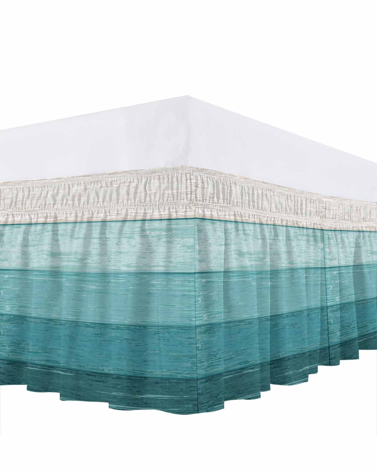 Rustic Stripes Bed Skirt Aqua Gradient Farmhouse Wood Grain Bed Skirts King Size 18 Inch Drop, Wrap Around Dust Ruffle&nbsp;Bedskirt with Adjustable Elastic Belt for Queen Size Beds