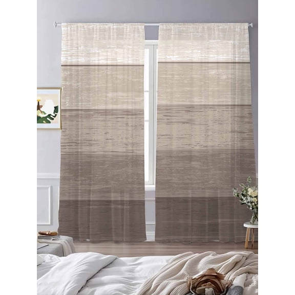 Rustic Stripes Sheer Curtains 96 inches Long 2 Panels Set Khaki Gradient Farmhouse Wood Grain Tiers Sheers Rod Pocket Small Window Short Curtains for Kitchen Cafe, Each 52" W x 96" L